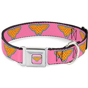 Buckle-Down Hondenhalsband met riemlus, Wonder Woman logo, roze, blauw, geel, roze, 2,5 cm breed, geschikt voor halsomtrek van 27,9 cm tot 43,2 cm, maat M