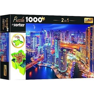 Trefl 10660 puzzels, 1000 stukjes, 6 schalen, organisatie, sorteren, transport en opslag, creatief entertainment, voor volwassenen en kinderen vanaf 12 jaar, 2-in-1 set, Dubai in de nacht