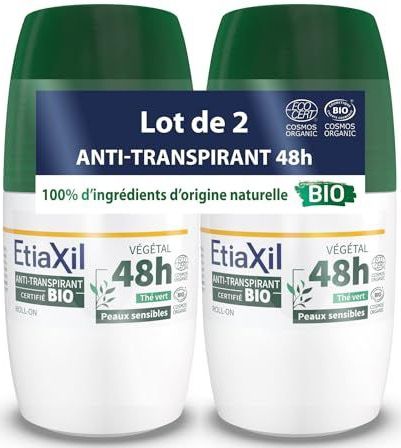 ETIAXIL - Anti-transpirant Végétal - Transpiration Modérée - Certifié Bio - Aisselles - 48h - Parfum Thé vert - Roll On - 50 ml - Lot de 2