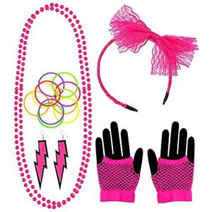 Widmann - Trendy jaren 80-kostuumset, neon haarband, parelkettingen, oorbellen, vingerloze mesh-handschoenen, 10 armbanden, disco, jaren 80, carnaval, themafeest