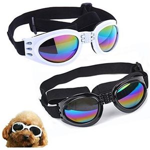 NA/ 2 stuks hondenbril, verstelbare riem, reisbescherming, skiën, uv-bescherming, waterdichte hondenzonnebril (zwart, wit)