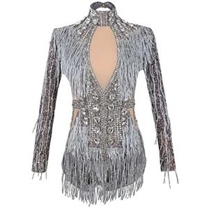 YUANTONG Transparante mesh bodysuit voor dames - Met sexy franjes - Turnpakje met lange mouwen - Voor verjaardag, dans, carnaval - Grijs, Borst: 83,5 cm - 86 cm,, grijs.