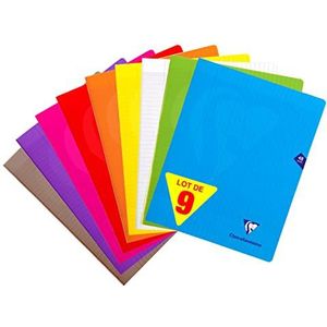 Clairefontaine Mimesys, 299311AMZC, geniete notitieboekjes, 24 x 32 cm, 48 pagina's grote ruitjes, wit papier 90 g, polypropyleen omslag (blauw, rood, groen, geel, paars, grijs, roze, transparant), 9 stuks