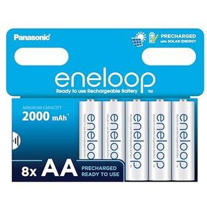 Panasonic eneloop Ready-to-Use Ni-MH batterijen, AA/Mignon, 8-pack, verbeterde capaciteit van min. 2000 mAh, levensduur van 2100 laadcycli, oplaadbare batterijen in plasticvrije verpakking