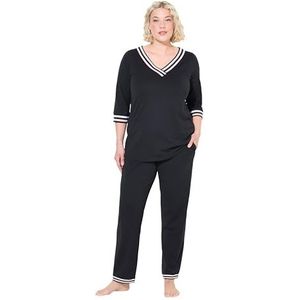 Ulla Popken Schouderpak, strepen, V-hals, 3/4-arm, pijama-set voor dames, zwart.