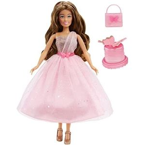 MGA Dream Ella Let's Celebrate pop – DREAMELLA – bruine pop van 29 cm met confetti vlinder met roze en gouden pailletten en 5 accessoires – voor verzamelaars en kinderen vanaf 4 jaar