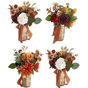 Ansofi 4 stuks mini-boeketten met verbrande oranje bloemen voor bruidsmeisjes, bruiloftstafelopzetstukken, kleine boeketten voor bruiloftsdecoratie