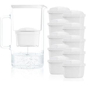 Wessper Filterkaraf van glas, 3 l, met tien waterfilters, compatibel met Brita Maxtra, Brita Maxtra Plus, karafset met 10 filterpatronen, wit