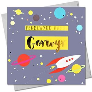 Verjaardagskaart met Engels opschrift ""Happy Birthday"", voor kleinkinderen, raketten en sterren, met glanzende goudfolie, Pen-blwydd Hapus Gorwyr