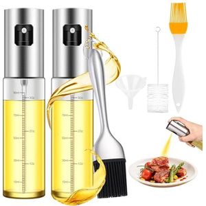 HIYAA Lot de 2 pulvérisateurs d'huile de 100 ml pour huile alimentaire en verre transparent avec brosse en acier inoxydable et petit entonnoir pour cuisine, barbecue, friteuse à air chaud, salade