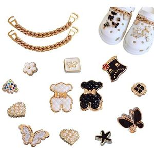 CLKE 14 stuks schoenbedels van strass, met gouden ketting, schoensieraden voor Crocs clips voor dames en heren, decoratie met beer, bloemen, vlinder (zwart en wit), kunststof, Kunststof
