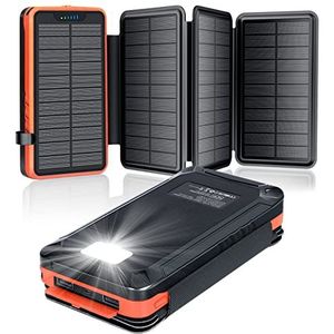 Elzle Powerbank op zonne-energie, 26.800 mAh, oplader op zonne-energie, met 2 USB-uitgangen en 1 USB-ingangspoort, waterdichte externe accu met 4 zonnepanelen en zaklamp voor smartphones, tablets en kamperen