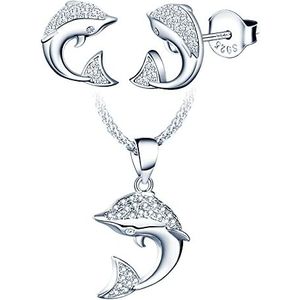 Yumilok Dolfijn sieraden set, halsketting en oorbellen voor dames en meisjes, halsketting van 925 zilver, elegante dolfijn hanger ketting en schattige dolfijn oorsteker, ingelegde zirkonia, zilver,,