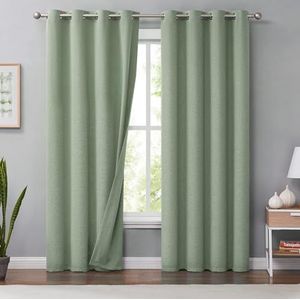 Melodieux Set van 2 gordijnen, 100% ondoorzichtig, linnenlook, groen, 140 x 225 cm