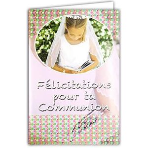 Afie 68-1019/1 kaart met envelop felicitatie voor uw communie met pailletten, witte jurk, bijbel, party, lente