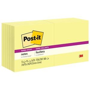 Post-it Super Sticky Notes Canary Yellow, Pack van 12 Pads, 90 vellen per Pad, 76 mm x 76 mm, gele kleur - Extra Sticky Notes voor notities, To Do Lists & Herinneringen