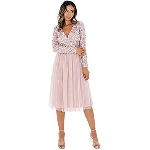 Maya Deluxe Maya Faux Warp Front Embellished Midi Jurk Bruidsmeisjesjurk voor dames, Frosted roze.