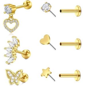 NIUSIMAN Tragus Helix Piercing van zilver, septum van chirurgisch staal met vlinderhart, CZ sieraden voor oor en lippen, Roestvrij staal