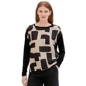 TOM TAILOR 1039085 T-shirt met lange mouwen voor dames, 34019 - Beige geometrische print design