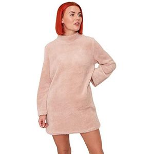 OHS Super zachte fleece jurk, opstaande kraag, lange mouwen, warm, comfortabel, casual, Roze