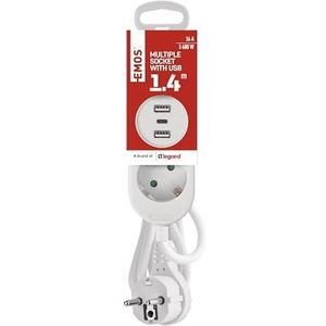 EMOS - Stekkerdoos met 3 USB-poorten, kabellengte 1,4 m - Stekkerdoos 2-voudig met USB opladen - Stekkerdoos compatibel met 2 stopcontacten, 1 USB-C-poort, 2x USB-A - IP20 voor gebruik binnenshuis -