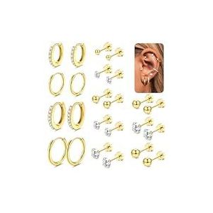 Adramata 12 paar oorbellen voor dames van roestvrij staal, creolen van zilver en goud, hypoallergeen, kleine tragus-oorbellen, helix,, Roestvrij staal