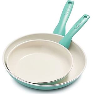 GreenPan Rio koekenpannenset, 20 en 26 cm, met antiaanbaklaag, gezond keramiek, PFAS-vrij, vaatwasmachinebestendig, turquoise