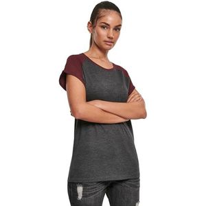 Urban Classics Basic T-shirt voor dames met contrasterende mouwen, contrasterende raglan-T-shirt verkrijgbaar in meer dan 10 kleuren, maten XS tot 5XL, houtskool/rood, S, houtskool/roodwijn