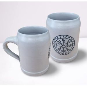 Töpferey Viking bierpul - Mok van klei met gravure ""Vegvisir"" - Middeleeuwse keramische mok - Grijs