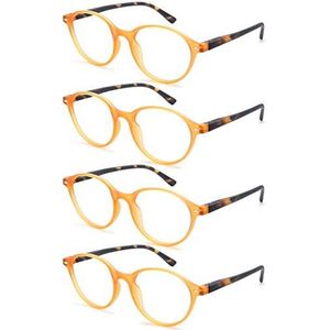 MODFANS Een pakket met 4 leesbrillen voor dames, vergrootglas, rond frame, geveerd, licht, comfortabel, helder zicht, geel