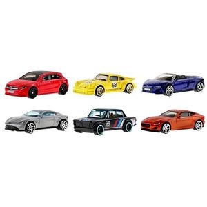 Hot Wheels HLK51 Set met 6 Europese voertuigen, replica's van beroemde modellen met functionele wielen, om te verzamelen, speelgoed voor kinderen, vanaf 3 jaar