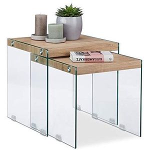 Relaxdays Set van 2 uittrekbare bovenkant, massief glas, hoge woonkamertafel, 40-45 cm, natuur, natuur, 2 maten