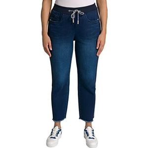 Ulla Popken Boyfriend-jeans, geribbelde tailleband, zijstrepen, zoom met franjes, dames, donkerblauw denim