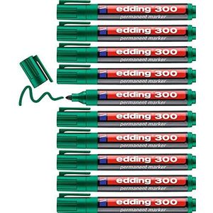 Edding 300 permanente markeerstiften, groen, 10 stiften, ronde punt 1,5-3 mm, sneldrogend, water- en schuurbestendig, voor karton, kunststof, hout, metaal, glas