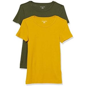 Amazon Essentials Set van 2 T-shirts voor dames met korte mouwen en ronde hals, slim fit, goud/olijf, maat M