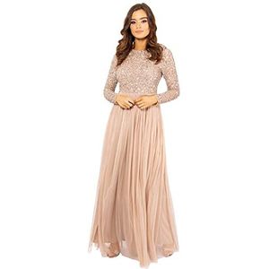 Maya Deluxe Taupe Blush Korte mouw Stripe Bridesmaid Maxi Jurk voor dames