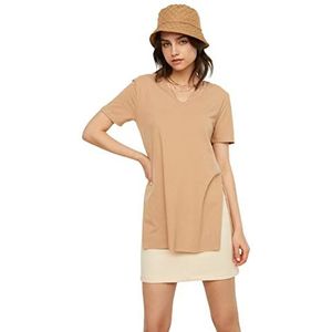 Trendyol Dames V-hals asymmetrisch gebreid T-shirt, Beige