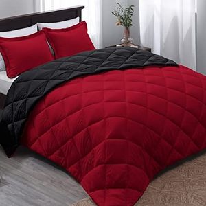 Basic Beyond Alternatief donzen dekbed (Queen, zwart/rood) - omkeerbare deken met 2 kussenslopen voor alle seizoenen