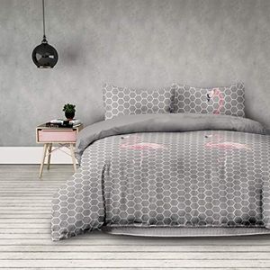 AmeliaHome 2-delig beddengoed 155 x 220 cm met 1 kussensloop 80 x 80 cm geometrisch patroon microvezel ritssluiting basic collectie flamingo lichtroze