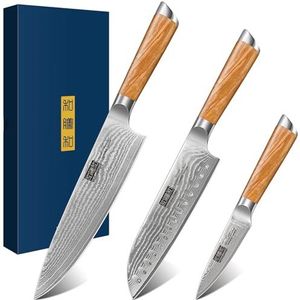 HOSHANHO Damascus keukenmessensets, professioneel, 67 lagen, damaststaal, koksmes, 20 cm, Santoku-mes 18 cm, fruitmes 9,5 cm