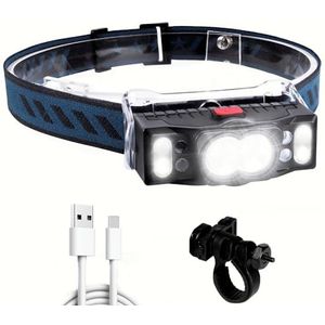 Superheldere led-hoofdlamp, 7 modi, USB-oplaadbaar, met rood waarschuwingslicht, IPX5 waterdicht, voor hardlopen, joggen, vissen, kamperen, fietsen, wandelen
