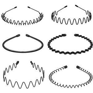 6 stuks metalen haarbanden met veer, golvend, uniseks, zwart, gepolijst, antislip, voor dames en heren