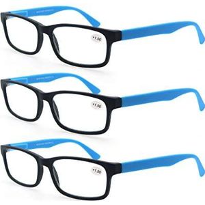 MODFANS Set van 3 brillen 2.0 (3 blauw) mannen vrouwen leesbril comfort zicht netto veertakken bril vergrootglas rechthoekig