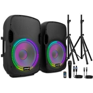 Audibax Party 215 – set van 2 actieve en passieve luidsprekers van 15 inch – vermogen 500 W – versterkte luidspreker – USB/SD-aansluiting – houder + kabel + microfoon – bluetooth-luidspreker –