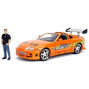 Jada Toys Fast and Furious Toyota Supra & Brian miniatuurauto 1995 Toyota Supra Mk4 1:24 oranje met Brian O'Conner figuur, voertuig met spoiler, openingsonderdelen en dak