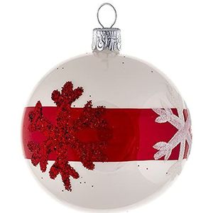 Ornex White Pearl with Snowflakes Set van 6 decoratieve ballen (Ø 7 cm) van mondgeblazen en met de hand gedecoreerd glas voor kerstboom