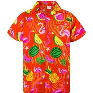 King Kameha Hawaiiaans Overhemd Hawaii-Overhemd Shirt Heren Korte Mouw Voorvak Hawaiian Afdrukken Flamingo Meloen, Flamingo Melon Oranje, XXL