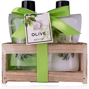 Accentra Doucheset voor dames Olive in mooie houten doos - 2-delig met douchegel en bodylotion - wellness-cadeauset voor verjaardag, Valentijnsdag en Kerstmis