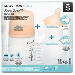 Suavinex, Flesjes-set Zerø Zerø speciaal voor borstvoeding. Anti-koliekflesjes, 180 ml, met aanpasbare zuiger + aanpasbare fopspenen, speciaal voor borstvoeding + reservetas van siliconen