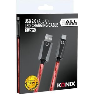 Konix Câble USB 2.0 Type A vers Type C PS5, Switch 2 et Xbox Series X|S - Charge rapide jusqu'à 12 watts - Longueur 1,2 m - Éclairage LED rouge